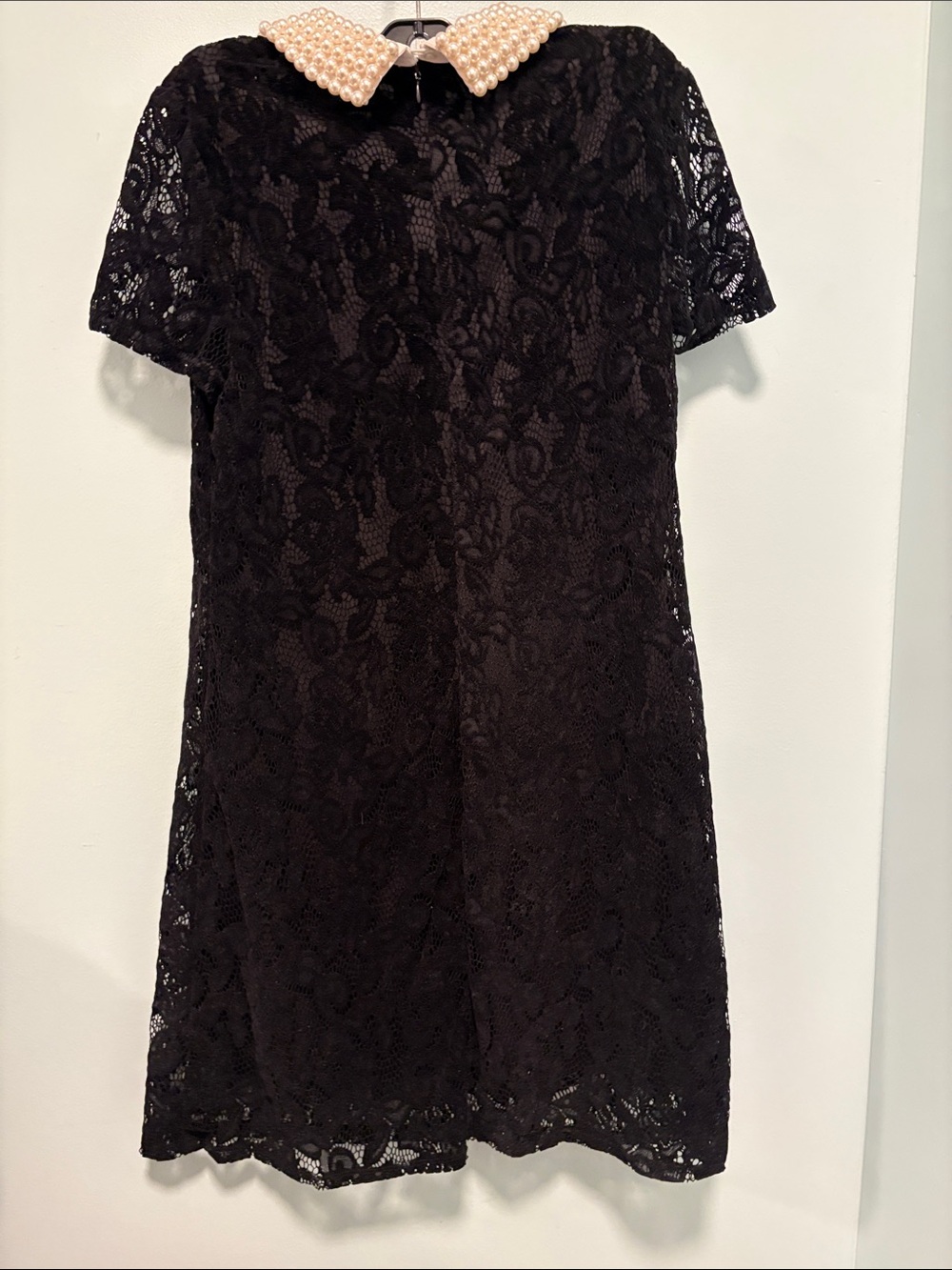 Betsey Johnson Black Lace Mini Dress with Pearl Collar